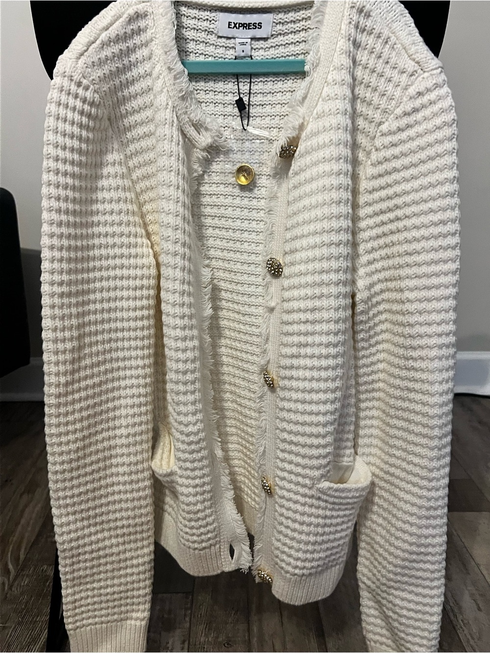 Express Cream Waffle-Knit Cardigan with Gold Buttons